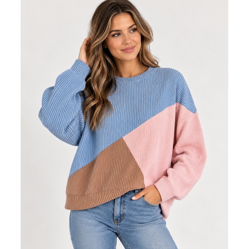 Boho Colorblock Sweater Women Medium l Pastel  Waffle Knit Geometric Top